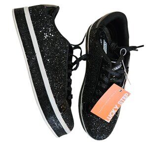Lucky Step Womens Black Glitter Low-Top Sneakers With Lace-Up Closure & Non-Slip